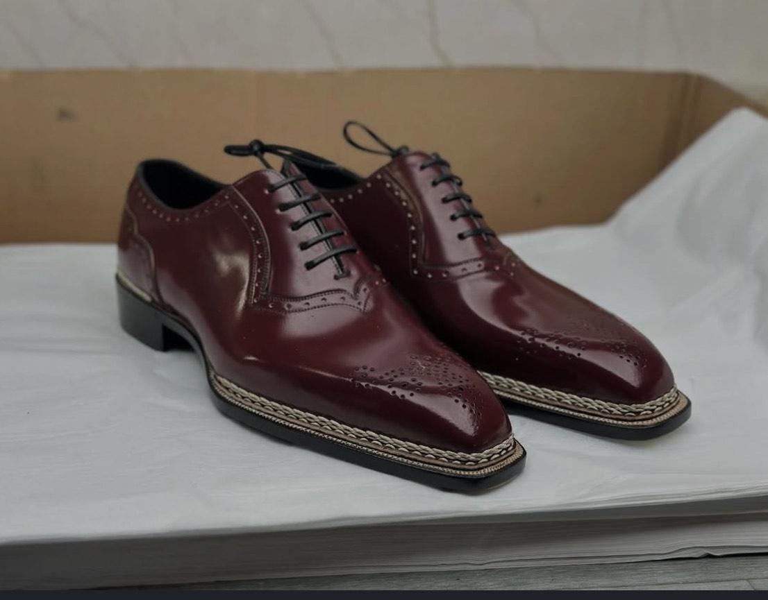 Burgundy Patina Norwegian Stitch Semi Brogue Handmade Leather Shoes