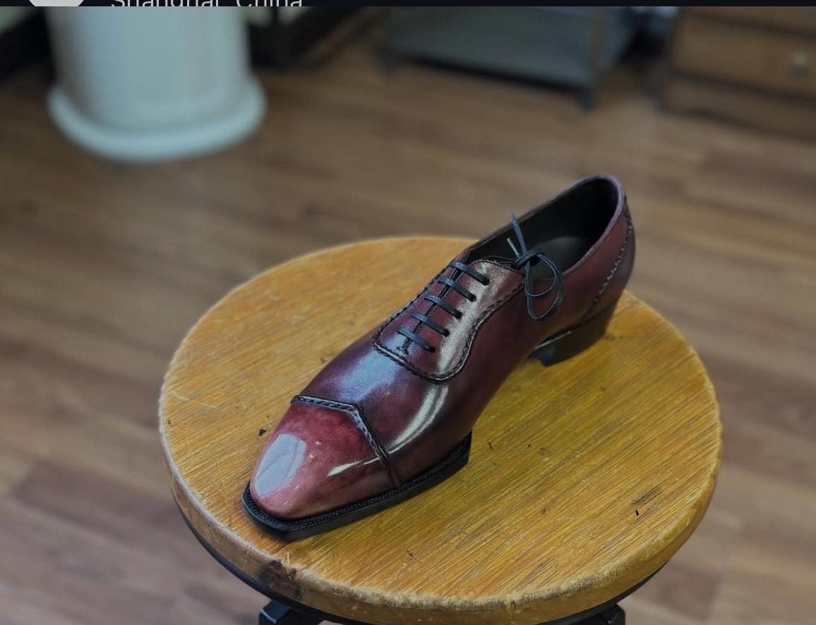 Burgundy Goodyear Welted Captoe Oxford Shoes: Italian Leather Semi Brogue