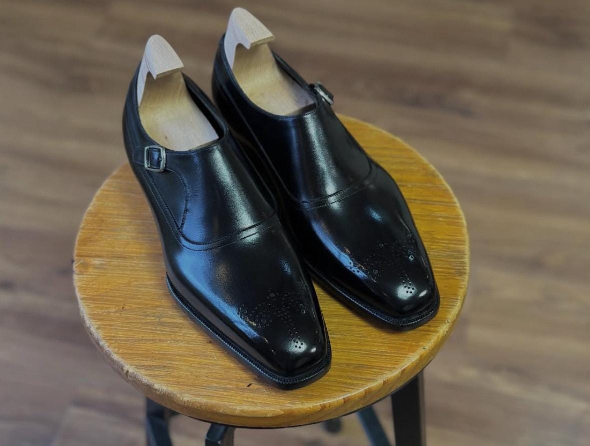 Goodyear Welted Black Leather Monk Strap Shoes – Italian Style
