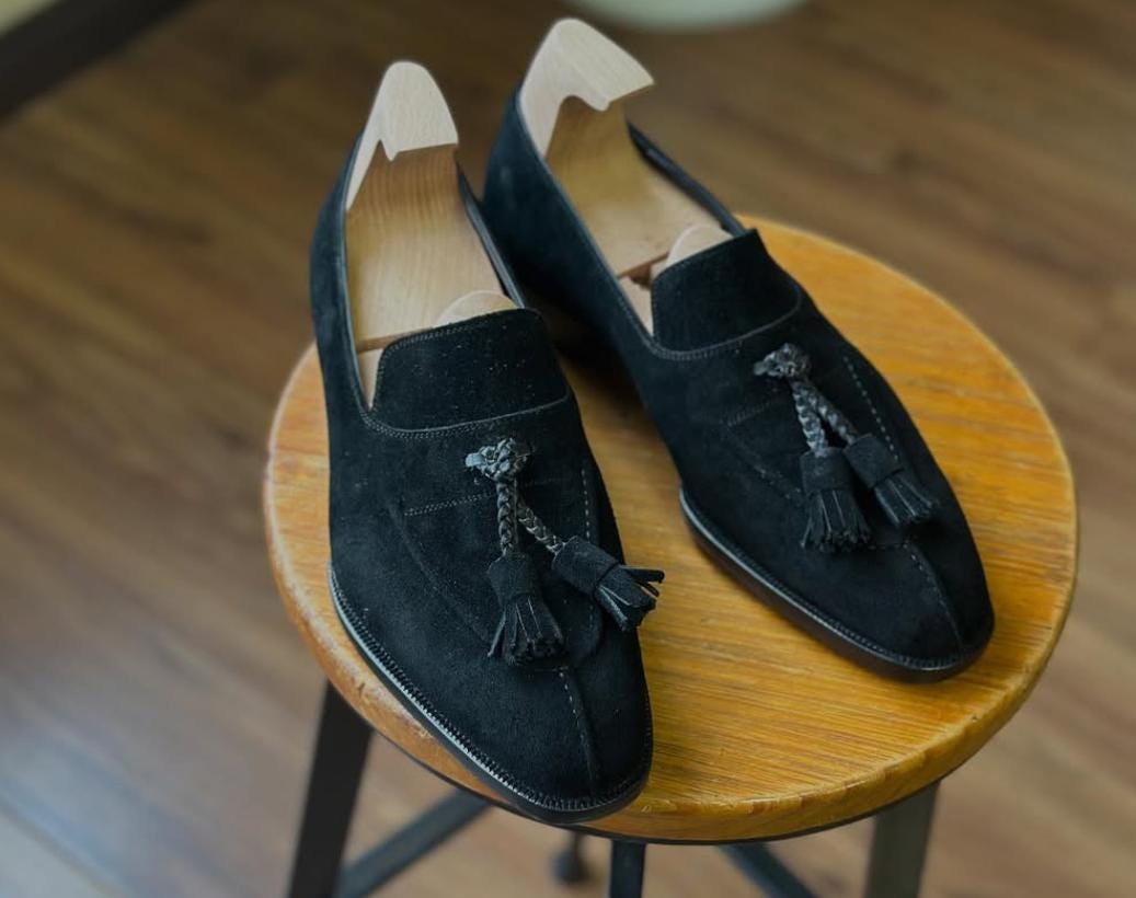 Men's Handmade Black Suede Leather Tassel Loafers Shoes Italian Style Wedding Shoes Classic Loafers